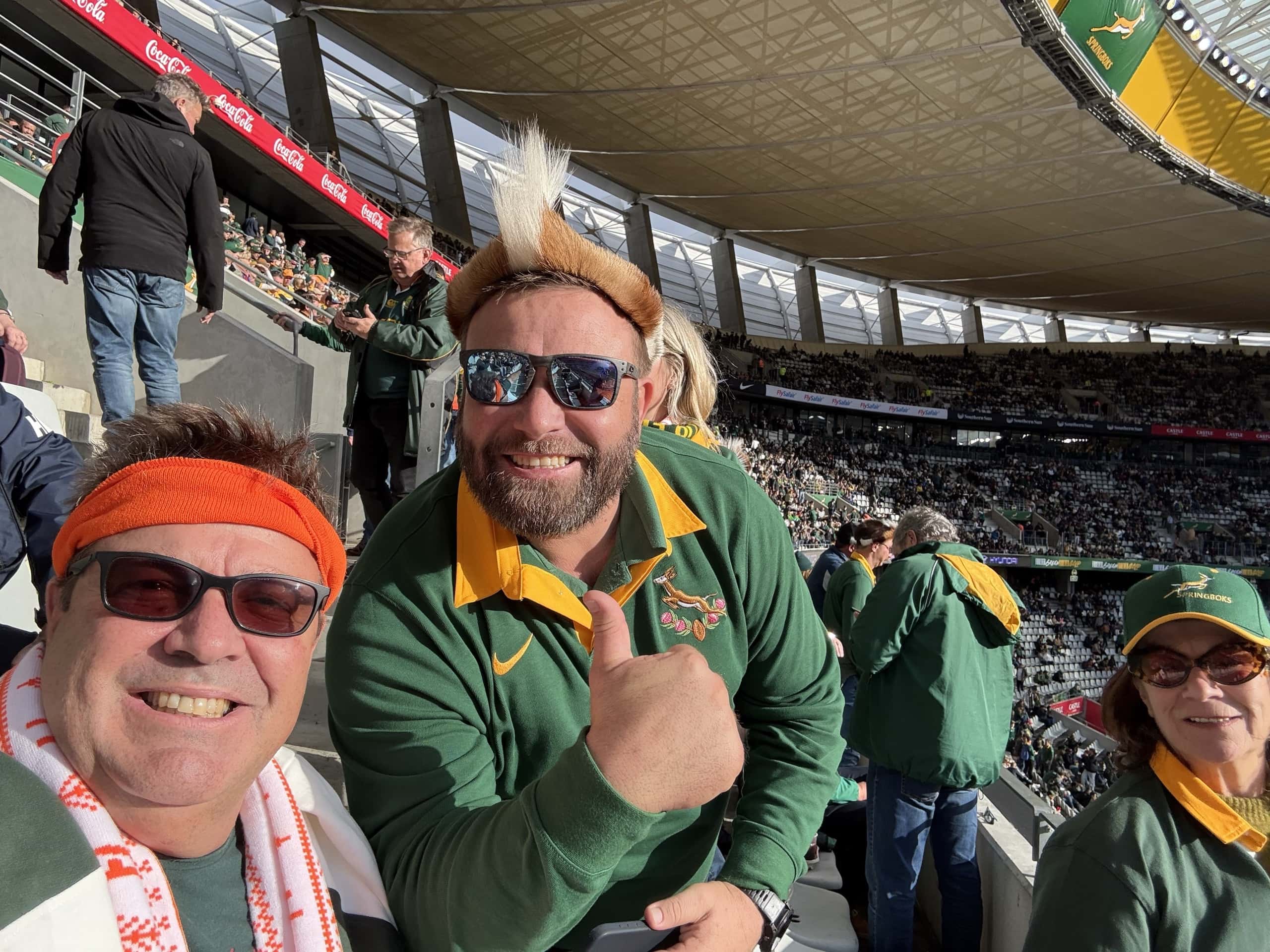 Gordon and a fellow Springbok supporter in the stand on a home match day