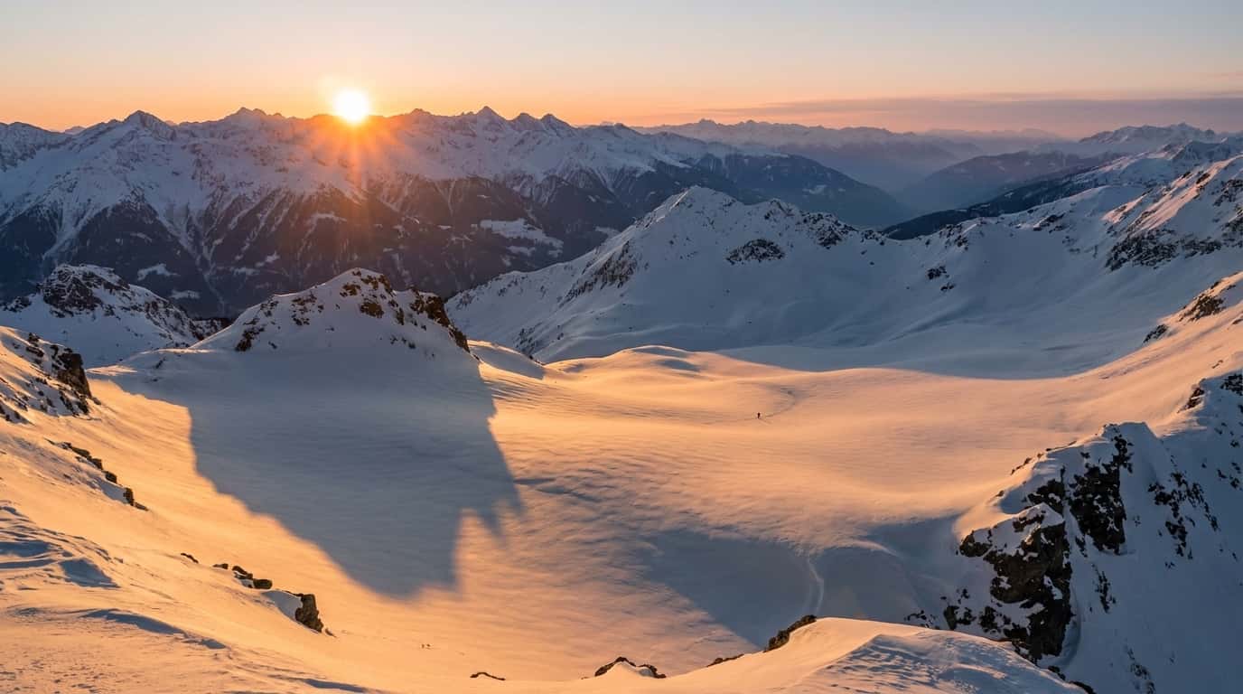 Golden hour over the snow above the Inn valley, a single skier on the slope